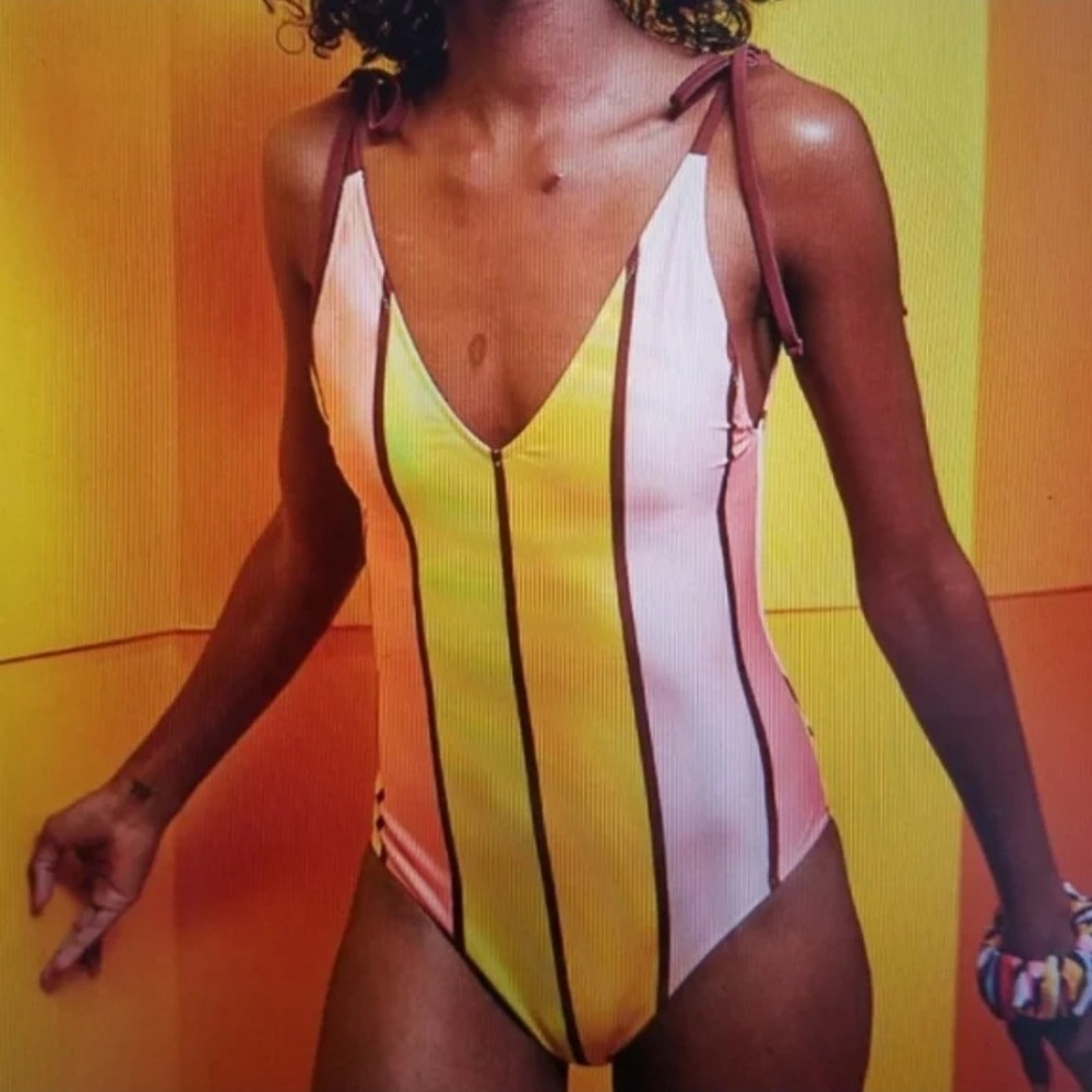 Aerie One Piece Cheeky Swimsuit Multi Color Striped Pink Yellow Orange XS